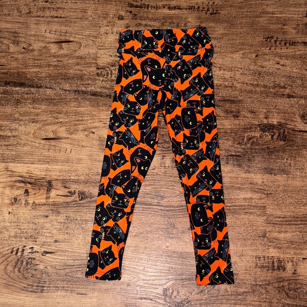 LuLaRoe Kids Leggings with Black Cat Print on Orange